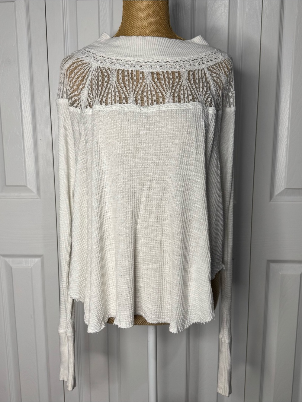 Free People Ivory Lace Yoke Scoop Neck Sweater